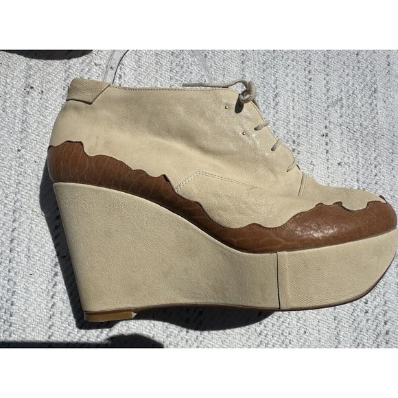 Reike Nen Wedge 9 / 40 Beige Leather Colorblock Lace-Up Ankle Boots Adult Womens - Picture 8 of 16